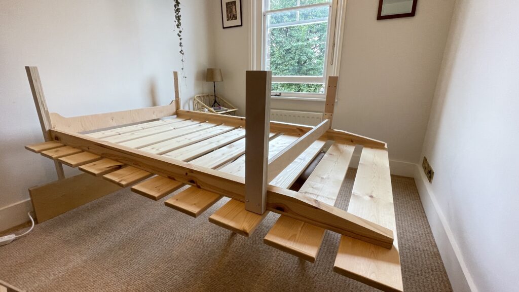 Bed legs glued, screwed, attached and drying